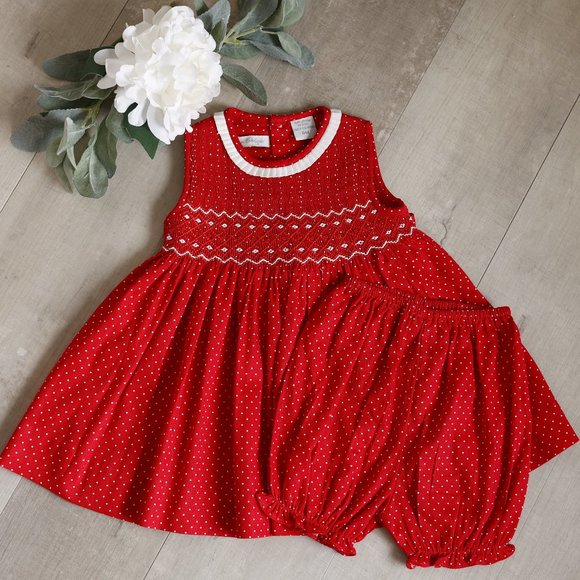 Red and White Smocked Dress with Bloomer Size 9 Month Boutique ADORABLE! NWOT - Picture 6 of 7